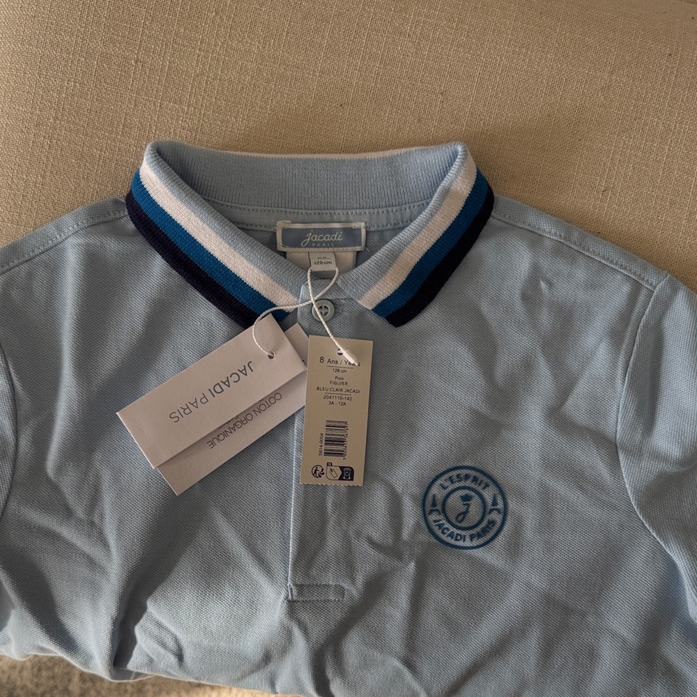 BNWT size 8 boys Jacadi Light Blue Polo Shirt with Navy Accents
